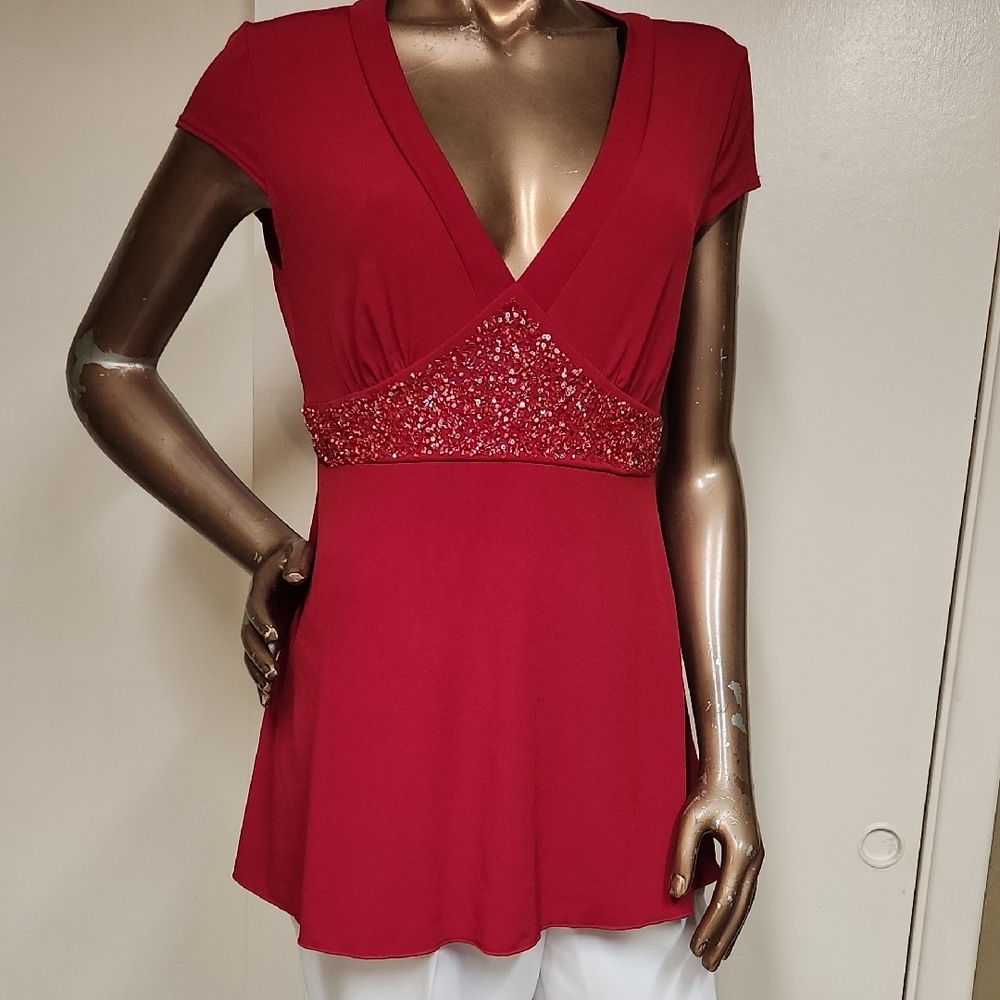 Bwear Red V-Neck Blouse with Embellished Waist